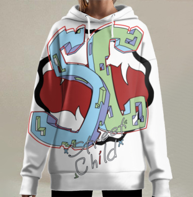 Стильная граффити буквы S C с надписью street child на сером фоне, Hoodie Long Oversize 3D