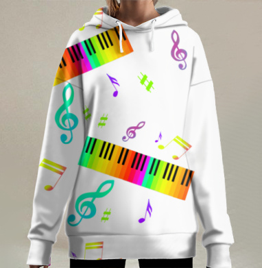 Радужные клавиши и музыкальные ноты на светло сером фоне, Hoodie Long Oversize 3D