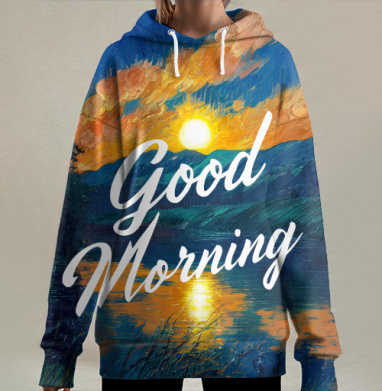 Восход солнца озеро с природой и надписью, Hoodie Long Oversize 3D