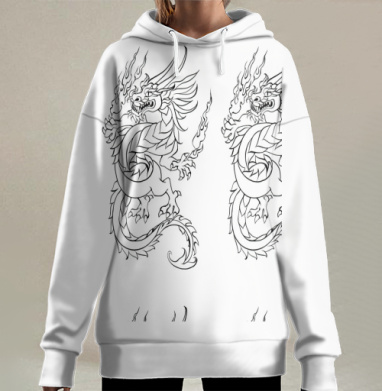Танцующий Дракон со Следами Пламени на Черно Белом Контуре, Hoodie Long Oversize 3D