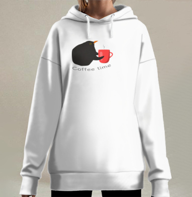 Черный дрозд с красной кружкой время кофе Coffee time, Hoodie Long Oversize 3D