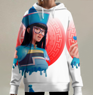 Современная девушка с сердцем в синем костюме в синем костюме, Hoodie Long Oversize 3D