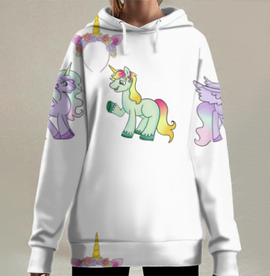 Пастельные единороги с цветочным ободком волшебства, Hoodie Long Oversize 3D