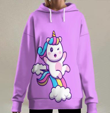 Волшебный радужный единорог прыгает на облаках в конце дня, Hoodie Long Oversize 3D