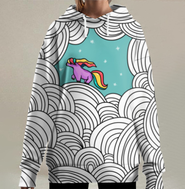 Розовая пони с радужной гривой в черно-белых волнах, Hoodie Long Oversize 3D
