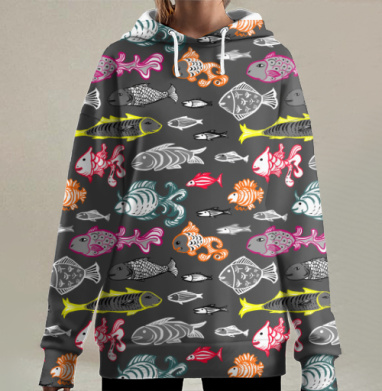 Морские яркие разноцветные рыбы на темном фоне в движении, Hoodie Long Oversize 3D