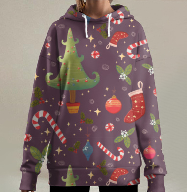 Праздничный рождественский паттерн с елкой и игрушками, Hoodie Long Oversize 3D