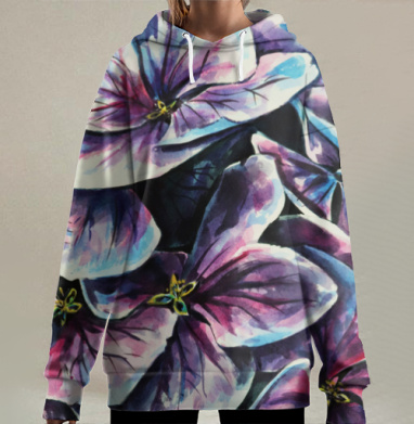 Яркие акварельные гортензии в цвету, Hoodie Long Oversize 3D