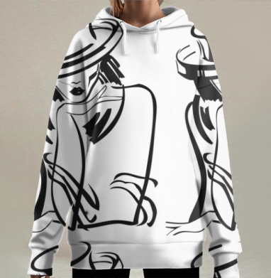 Элегантный женский силуэт в шляпе – стильная графика, Hoodie Long Oversize 3D