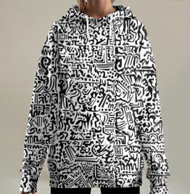Абстрактное черно-белое графическое поле с узорами и линиями, Hoodie Long Oversize 3D