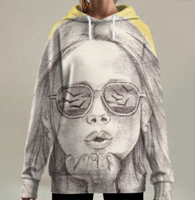 Девушка с воздушным поцелуем в солнечных очках, Hoodie Long Oversize 3D