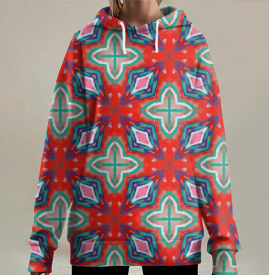 Яркая психоделическая геометрическая симметрия в тоне, Hoodie Long Oversize 3D