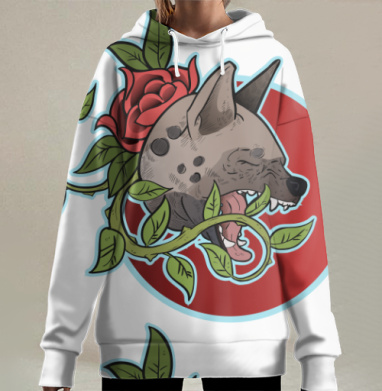 Гиена рычит среди красных роз и растений, Hoodie Long Oversize 3D