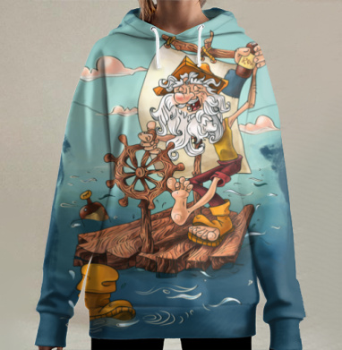 Весёлый моряк на плоту с бутылкой рома, Hoodie Long Oversize 3D