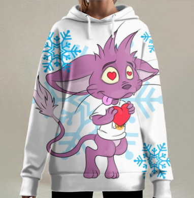 Влюбленный Фиолетовый Кот с Красным Сердцем на Снежинках, Hoodie Long Oversize 3D