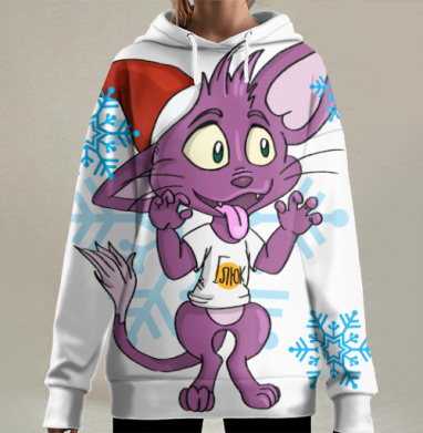 Фиолетовый зверек в шапке и снежинках зимний праздник настроение, Hoodie Long Oversize 3D