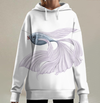 Голубая рыба с белыми плавниками свободы, Hoodie Long Oversize 3D