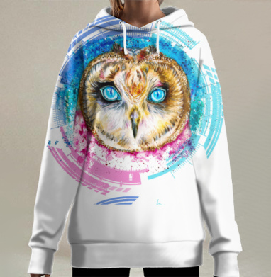 Ярко голубая сова мудрость глаза природы технологии, Hoodie Long Oversize 3D