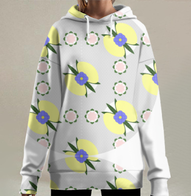 Желтые цветы синие листья гармония природы, Hoodie Long Oversize 3D
