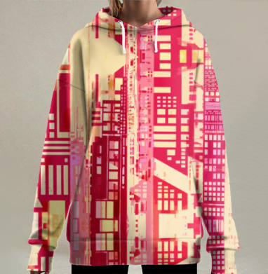 Геометрия городской динамики в красных оттенках, Hoodie Long Oversize 3D