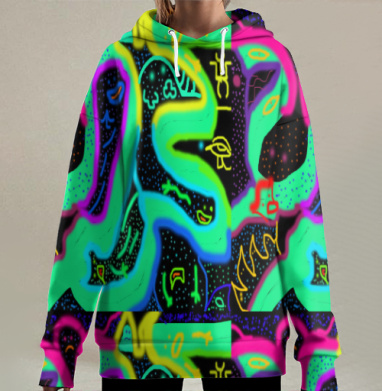 Неоновый абстрактный поток энергии энергии движения, Hoodie Long Oversize 3D