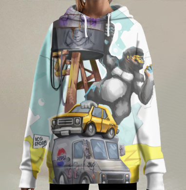 Мощный горилла с мороженым на машине городская динамика, Hoodie Long Oversize 3D
