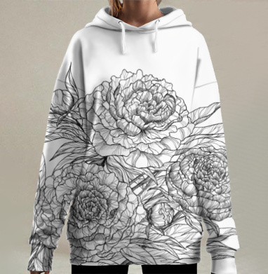 Черно белый ботанический рисунок пионов природы цветов, Hoodie Long Oversize 3D