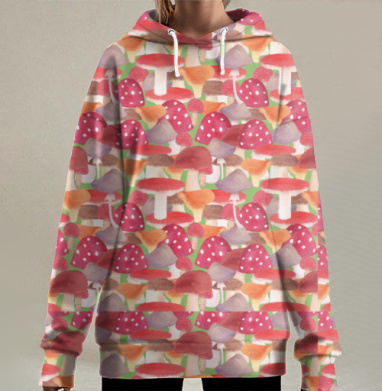 Волшебный акварельный узор с грибами, Hoodie Long Oversize 3D