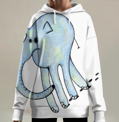 Голубой слон с четырьмя ногами идет следами, Hoodie Long Oversize 3D