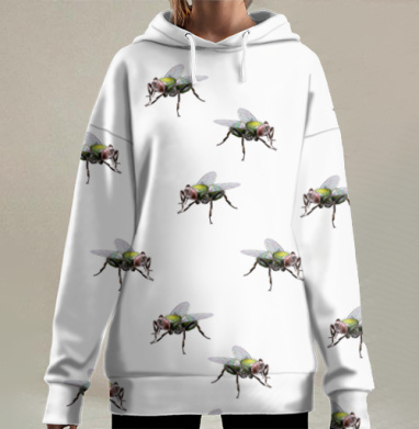 Летающие зеленые мухи на сером фоне одежде, Hoodie Long Oversize 3D