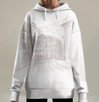 Классический карандашный рисунок городского пейзажа, Hoodie Long Oversize 3D
