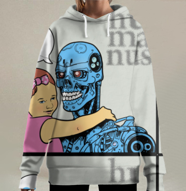 Девочка обнимает робота в голубом оттенке сердце, Hoodie Long Oversize 3D