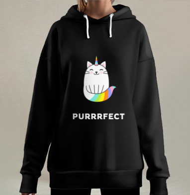 Милый единорог-кот с радужным рожком PURRRFECT, Hoodie Long Oversize 3D