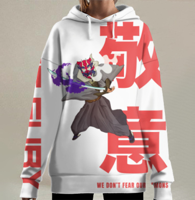Воин с демонической маской и ярким мечом держит, Hoodie Long Oversize 3D