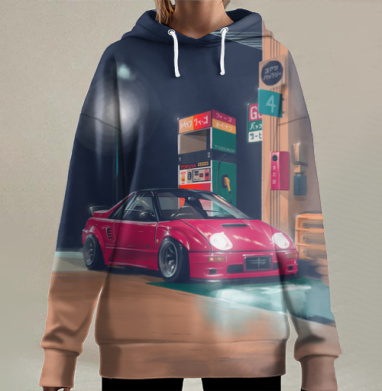Спортивная машина на ночной заправке КейКар Мазда Автозам АЗ-1, Hoodie Long Oversize 3D