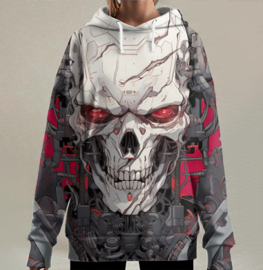 Киберпанк череп с красными глазами и проводами киберпанк череп арт, Hoodie Long Oversize 3D