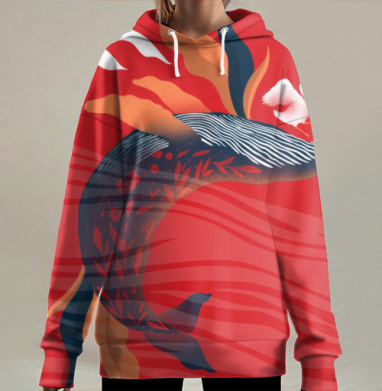 Гармония синего кита и белой птицы, Hoodie Long Oversize 3D