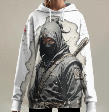 Воин-ниндзя в тёмных одеждах, загадочный, суровый, Hoodie Long Oversize 3D