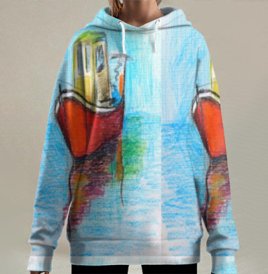 Яркая лодка с отражением на воде спокойствие умиротворение, Hoodie Long Oversize 3D