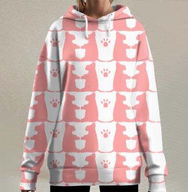 Розовые кошки серые лапки уютной атмосферы, Hoodie Long Oversize 3D