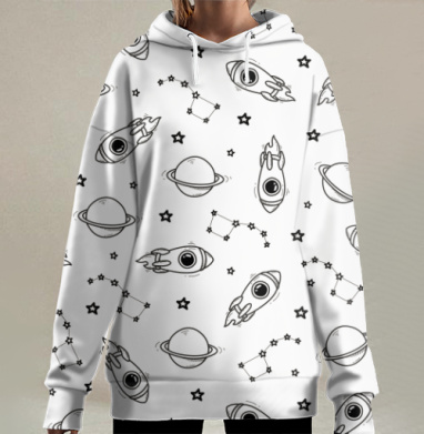 Игровой космический паттерн с ракетами и планетами, Hoodie Long Oversize 3D