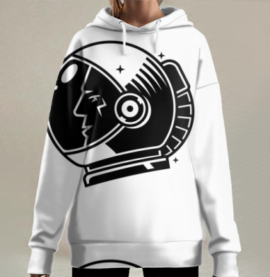 Черно белый космонавт в шлеме смотрит вперед космоса, Hoodie Long Oversize 3D