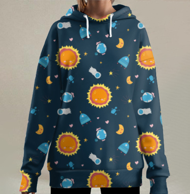 Космическое путешествие на ярком солнце в бескрайнем космосе, Hoodie Long Oversize 3D