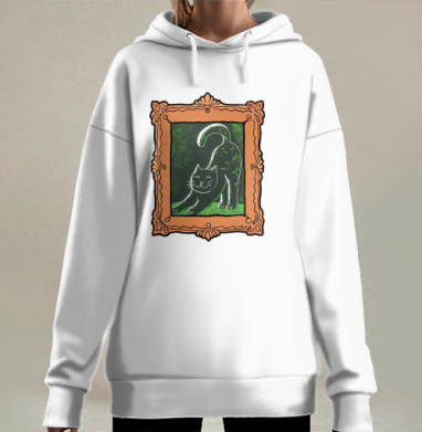 Черный кот сладко потягивается в уютной раме, Hoodie Long Oversize 3D