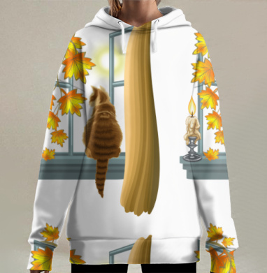 Кот наблюдает за луной осенними листьями, Hoodie Long Oversize 3D