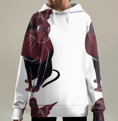 Внимательный красный кот с графическими линиями на сером фоне, Hoodie Long Oversize 3D