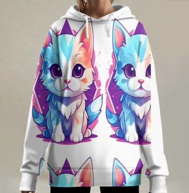 Милый котенок голубых розовых оттенков сидит, Hoodie Long Oversize 3D