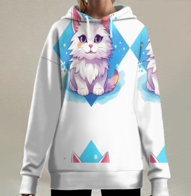 Белый котёнок на голубом фоне милый пушистый котёнок, Hoodie Long Oversize 3D