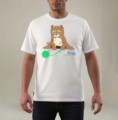 Игровой милый котёнок с зелёным клубком пряжи, Футболка мужская REGULAR белая