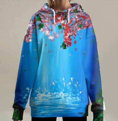 Blooming Sakura Waterfall - Цветущая сакура синий водопад весна природа, Hoodie Long Oversize 3D